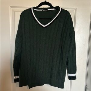 Green V-Neck Sweater with Striped Trim